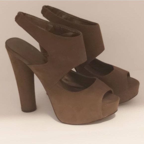 FOREVER 21 | Peep Toe Platform Chunky Heel Sandals Suede Beige - Picture 1 of 8